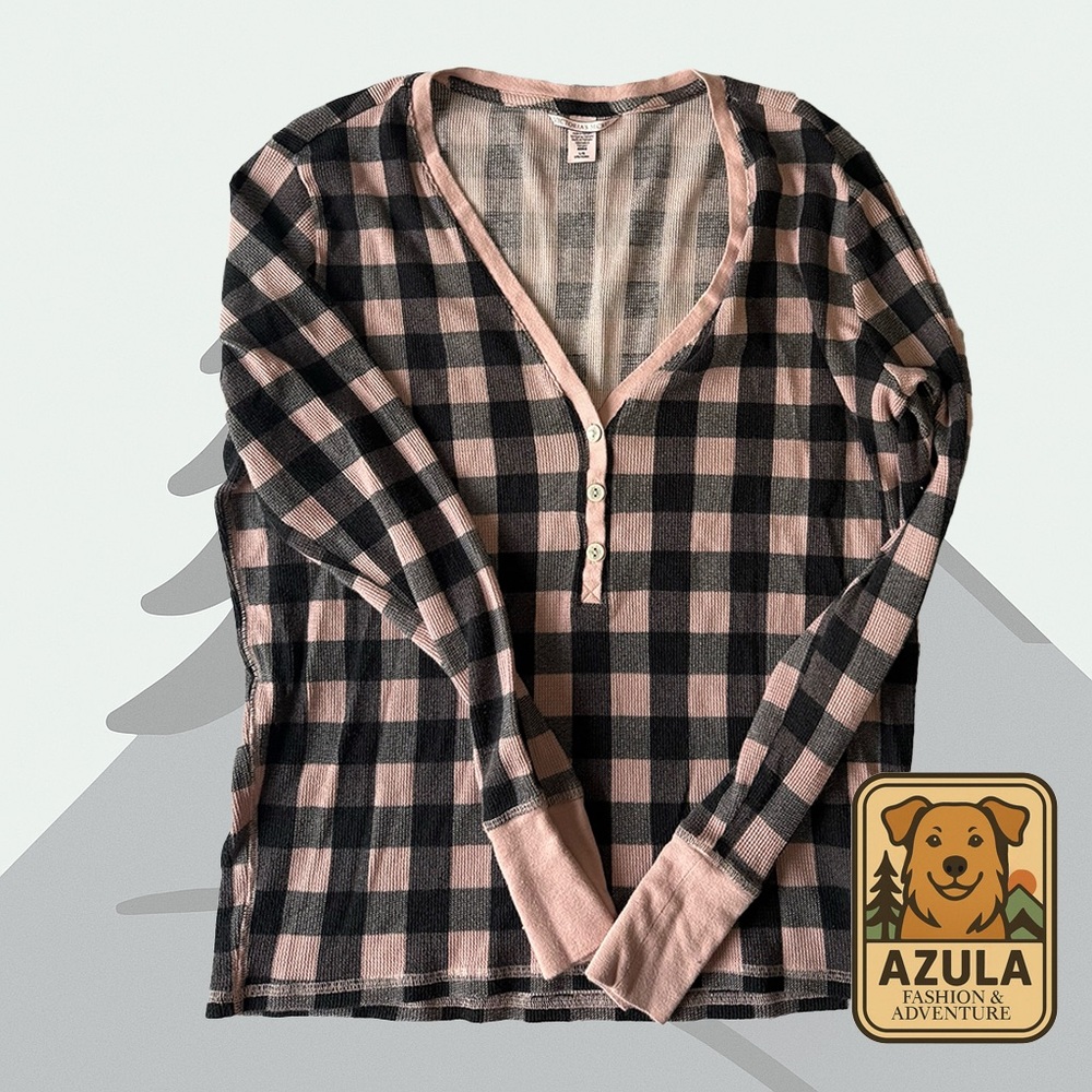 Victoria’s Secret Henley Thermal Top – Black & Blush Buffalo Plaid | Size L